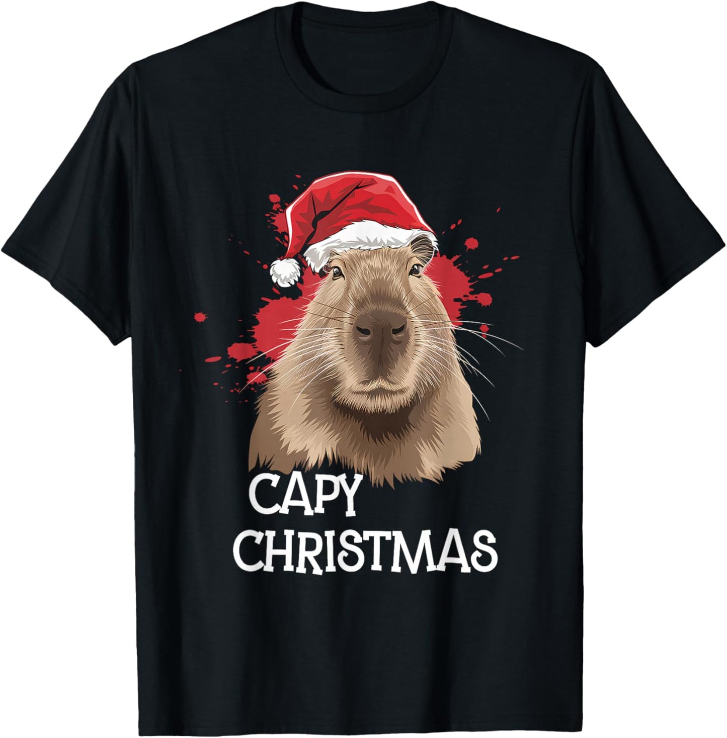 Capy Christmas Xmas Santa Hat Pajama Rodent Animal T-Shirt - T-Shirt | Black