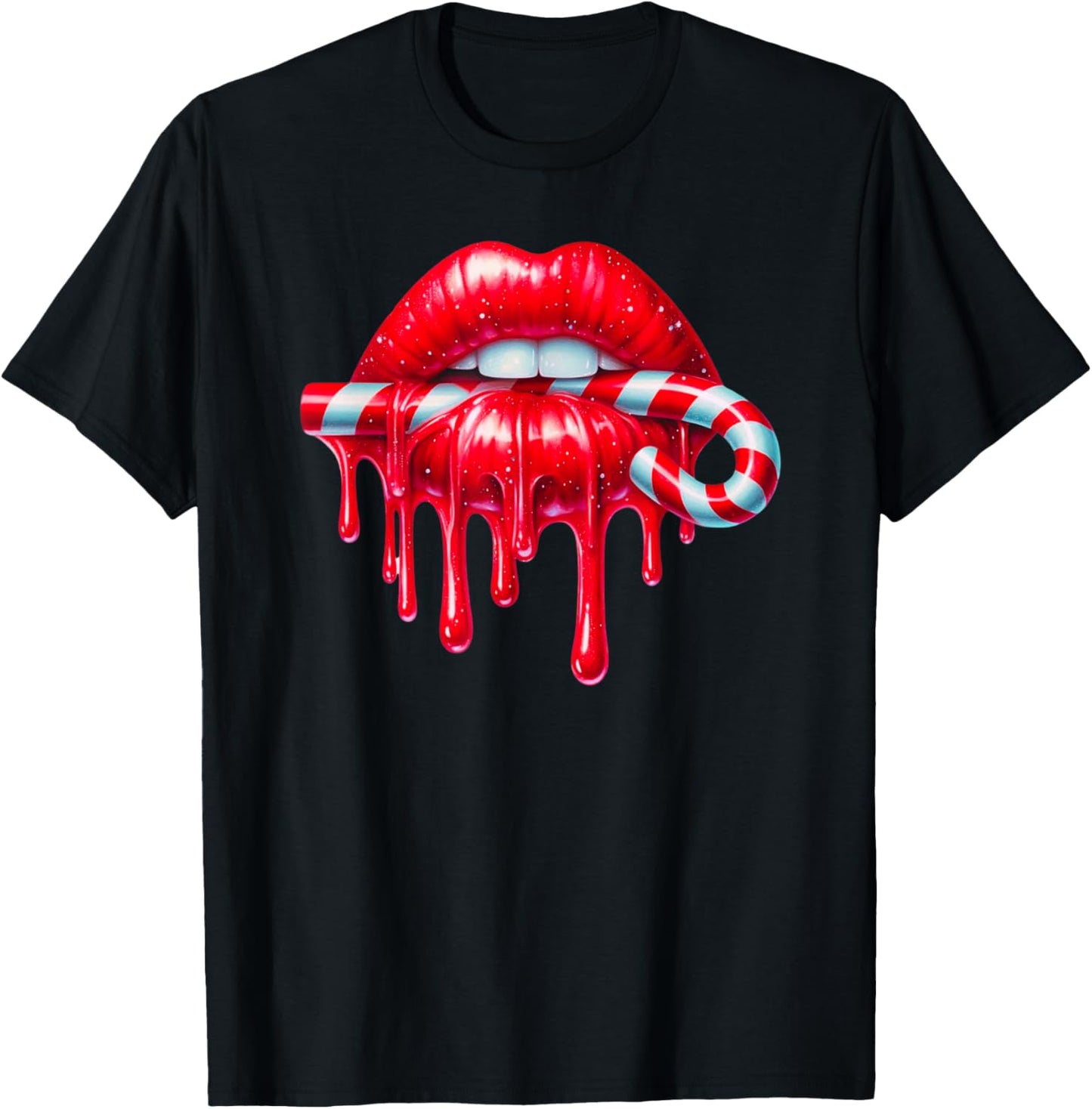 Sexy Lips Red Lipstick Kiss Dripping Candy Cane Christmas T-Shirt - T-Shirt | Black