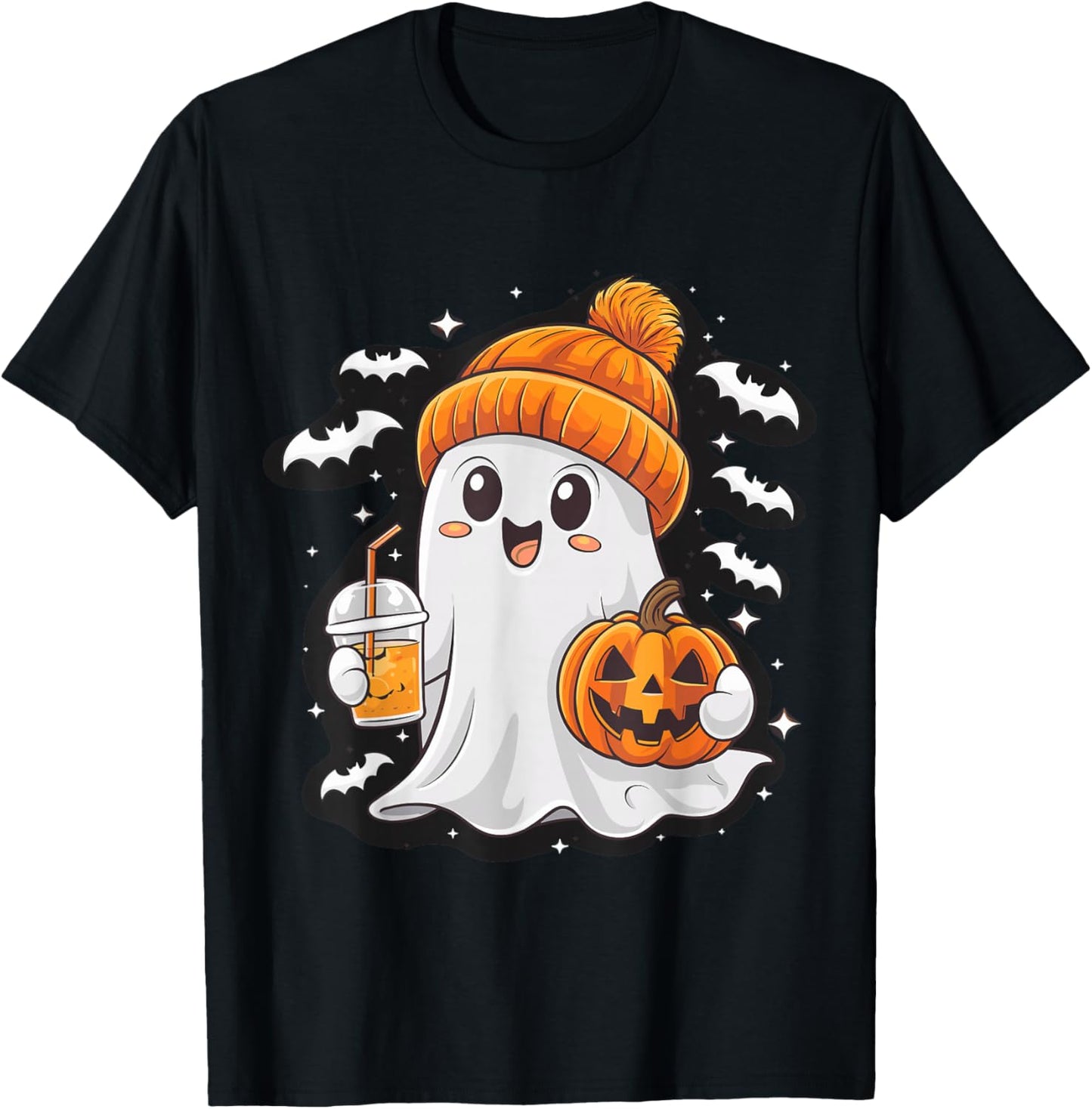 Ghost with Coffee Beanie and Pumpkin Halloween Costume T-Shirt - T-Shirt | Black