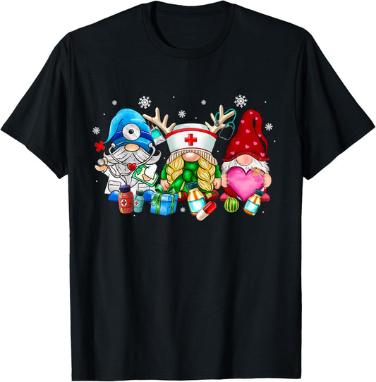 Cute Gnomes Nurse Christmas Scrub Top Nurses Women Pajamas T-Shirt - T-Shirt | Black