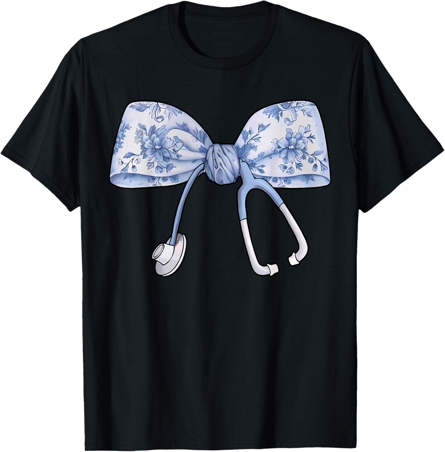 Floral Cute Blue Coquette Bow Stethoscope Registered Nurse T-Shirt - T-Shirt | Black