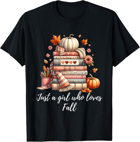 Just a Girl Who Loves Fall Books and Pumpkins T-Shirt - T-Shirt | Black