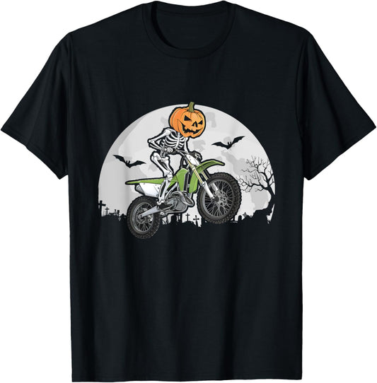 Skeleton Dirt Bike Rider Halloween Moon Motocross Biker T-Shirt - T-Shirt | Black