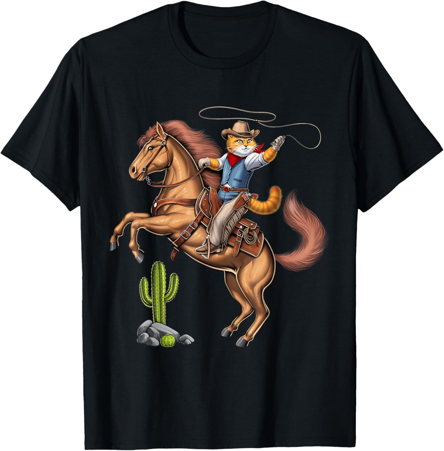 Cat Cowboy Riding Rodeo Horse Western Country Funny Cat T-Shirt - T-Shirt | Black