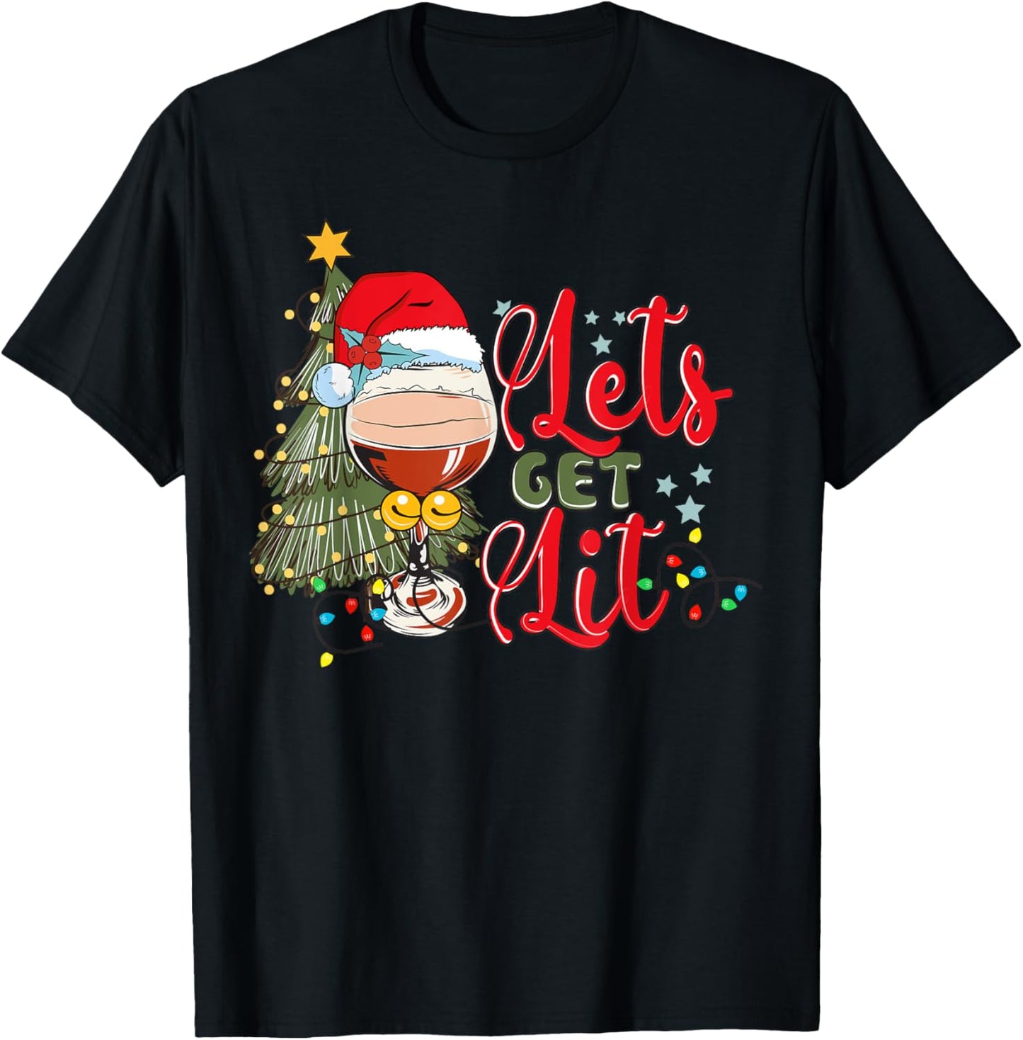 Christmas Tree Santa Hat Funny Let's Get Lit Xmas Season T-Shirt - T-Shirt | Black