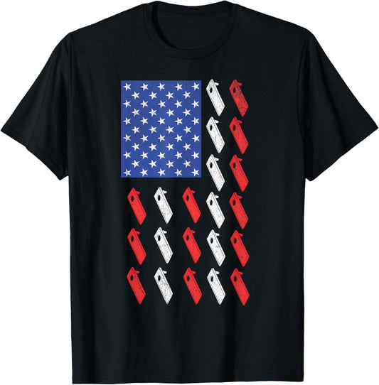 Cornhole Player Toss Bean Bag Game Men Women American Flag T-Shirt - T-Shirt | Black