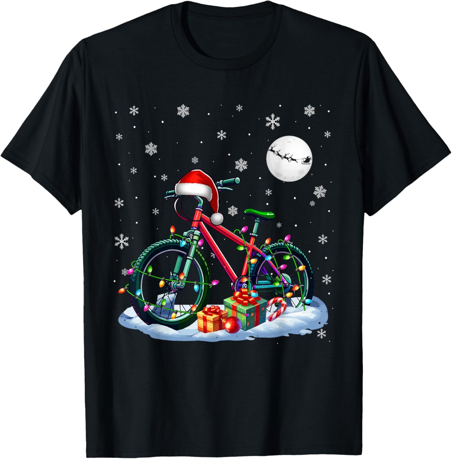 Santa Bicycle Colorful Lights Christmas Cyclist Biking Lover T-Shirt - T-Shirt | Black