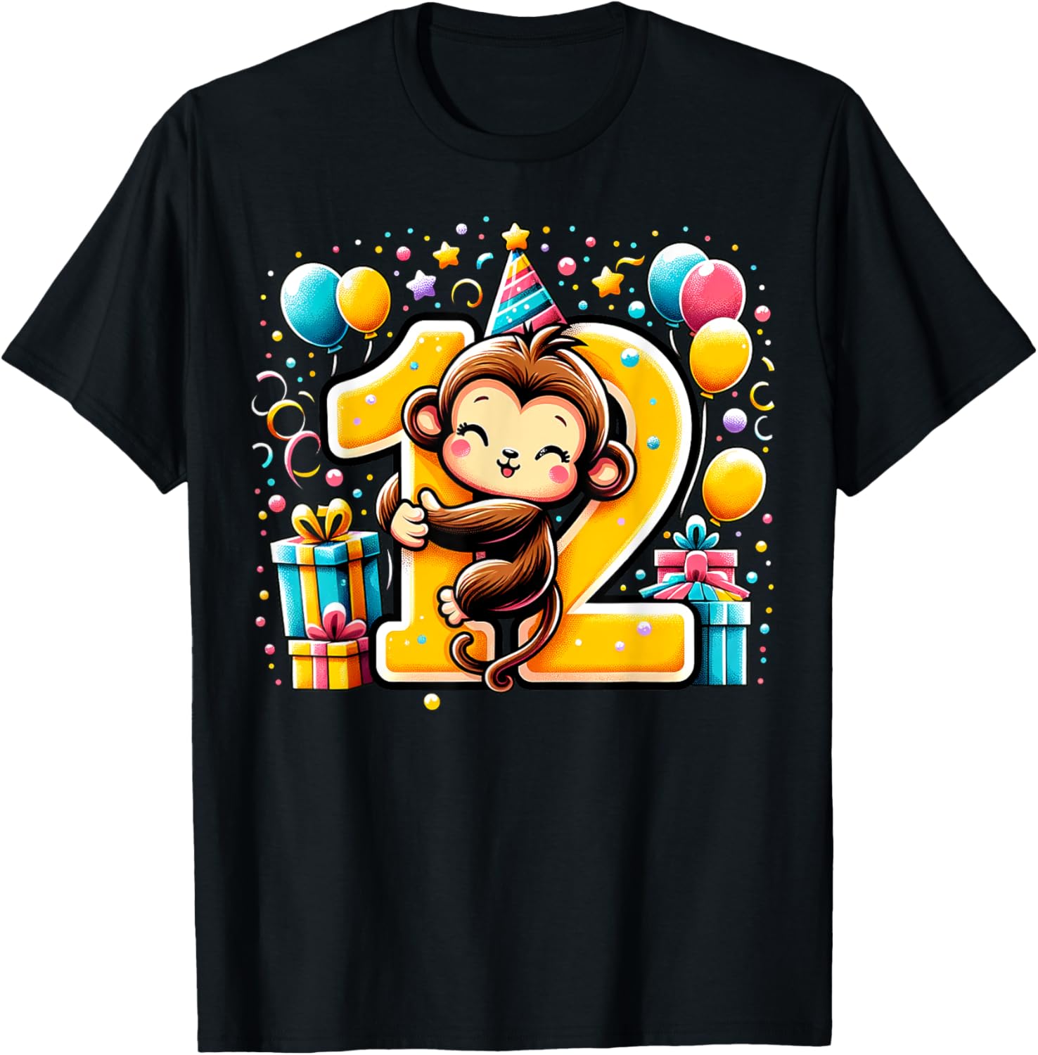 Monkey 12th birthday boy girl 12 years old twelfth Monkey T-Shirt - T-Shirt | Black