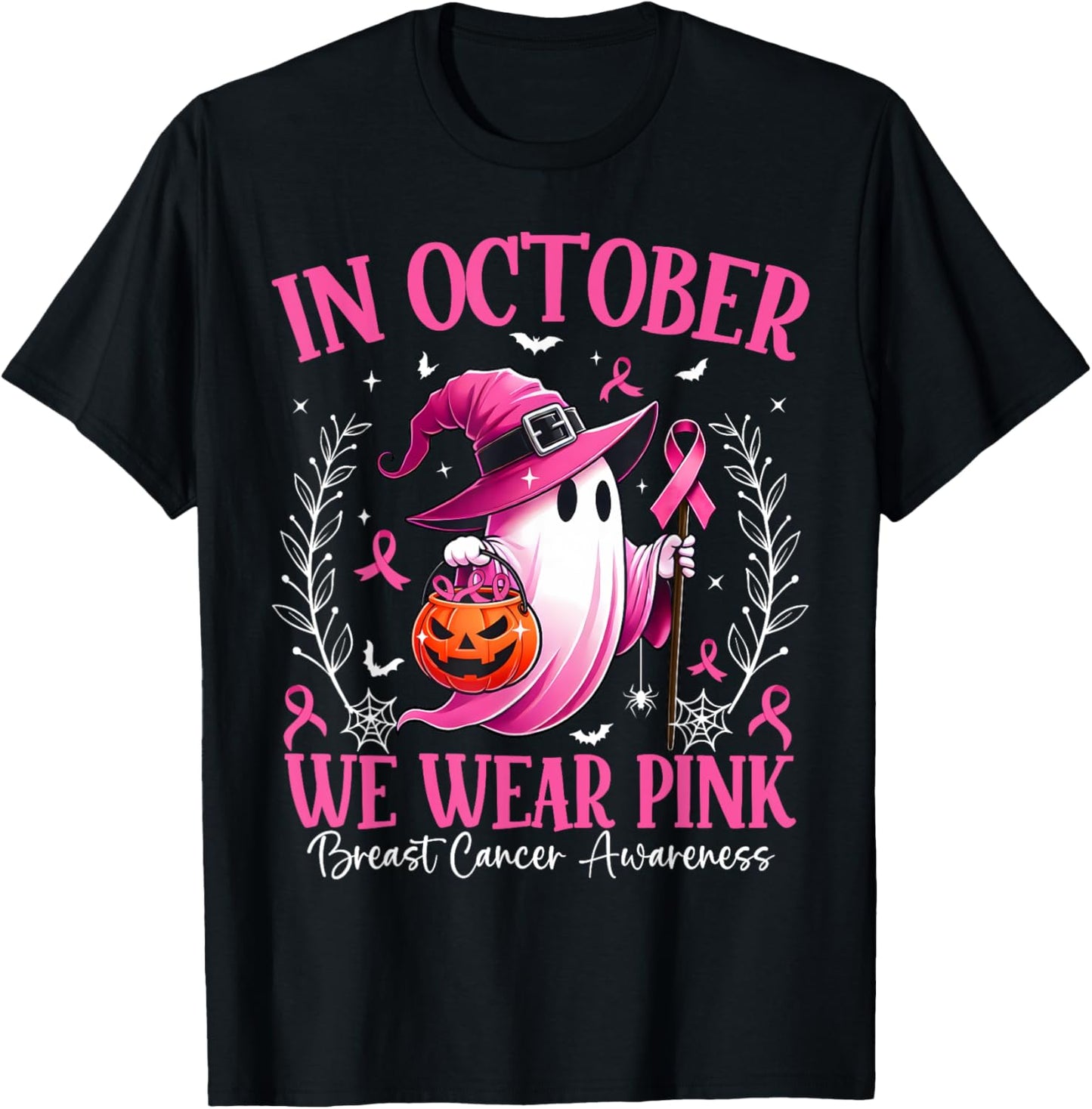In October We Wear Pink Breast Cancer Awareness Halloween T-Shirt - T-Shirt | Black