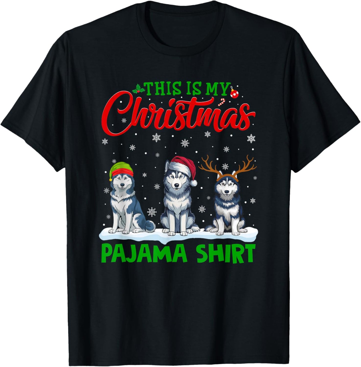 Xmas Santa Hat Reindeer Siberian Husky Dog Christmas Pajama T-Shirt - T-Shirt | Black