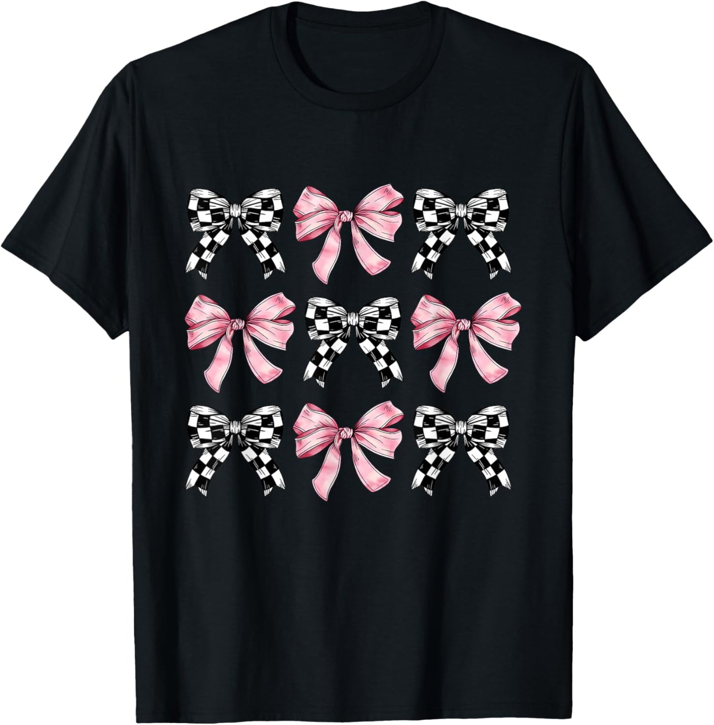 Pink Bows Cute Coquette Checkered Bow y2k Girl Aesthetic T-Shirt - T-Shirt | Black
