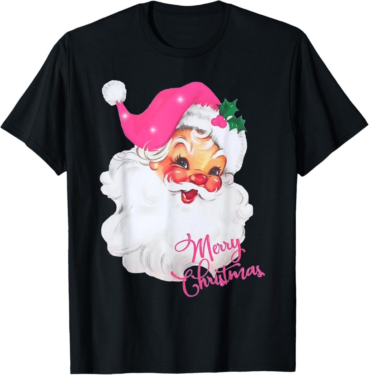 Vintage Pink Santa Claus Merry Christmas Pajamas Xmas Women T-Shirt - T-Shirt | Black
