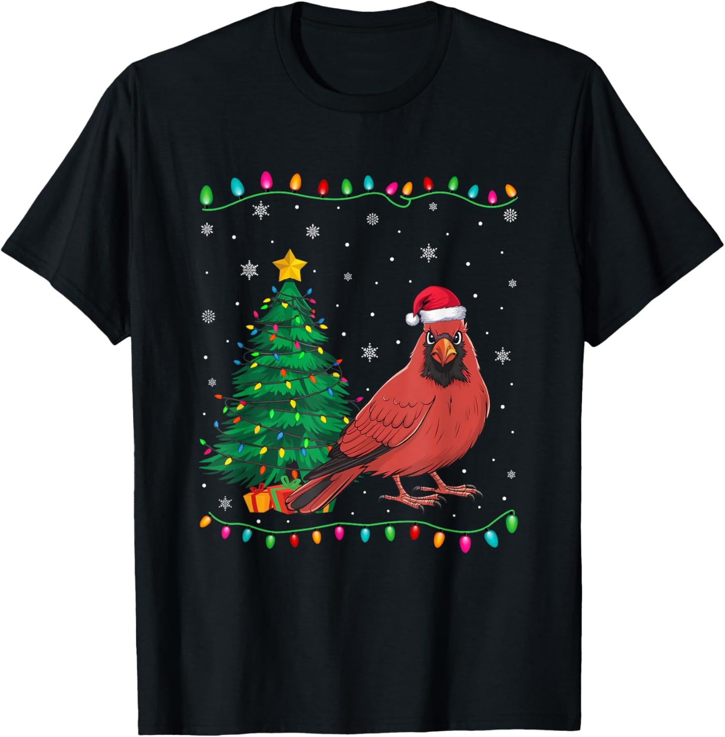 Cardinal Bird Santa Hat Men Women Kids Christmas Tree Lights T-Shirt - T-Shirt | Black