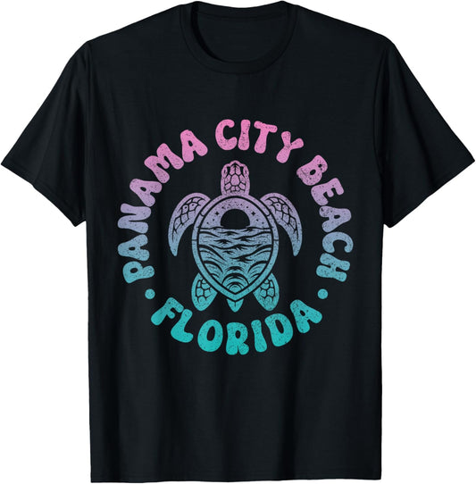 Panama City Beach Florida Sea Turtle Surfer Souvenir Retro T-Shirt - T-Shirt | Black