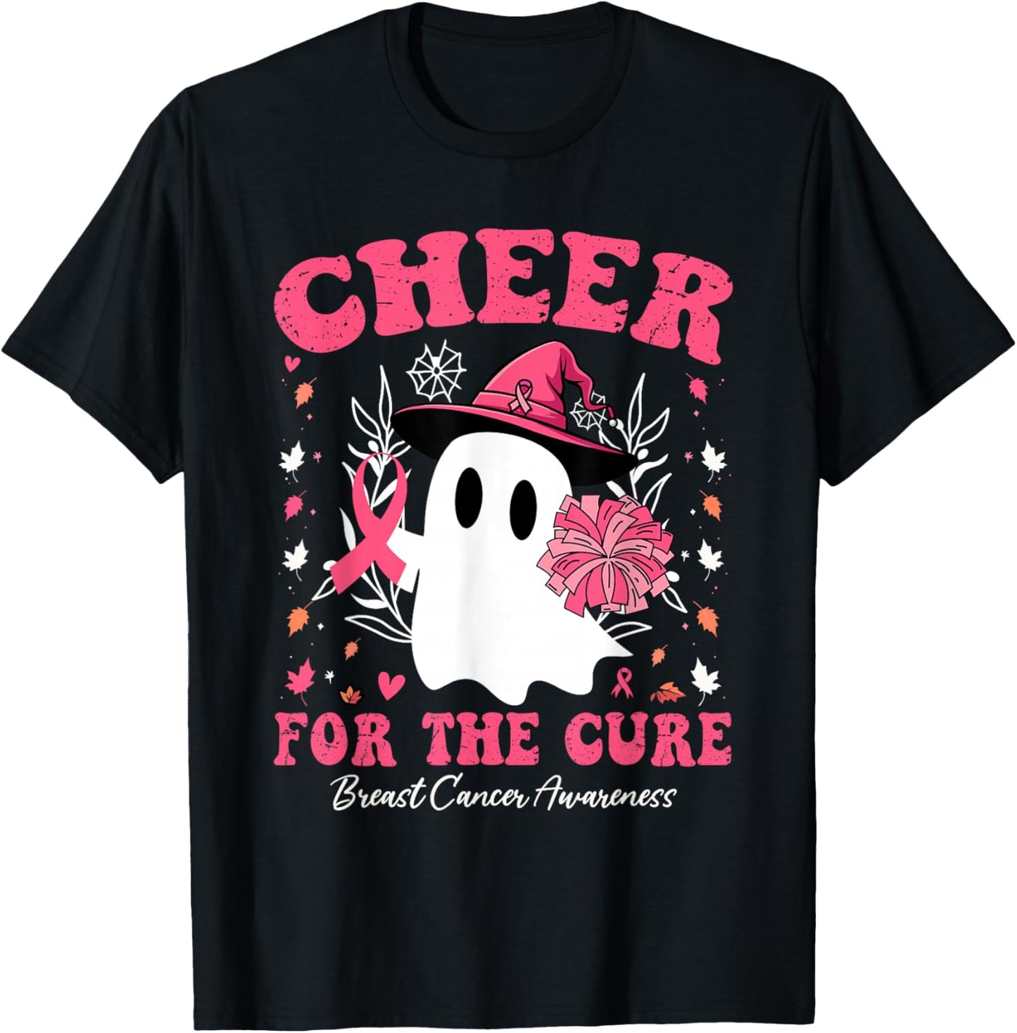 Cheer for the Cure Breast Cancer Awareness Halloween Ghost T-Shirt - T-Shirt | Black