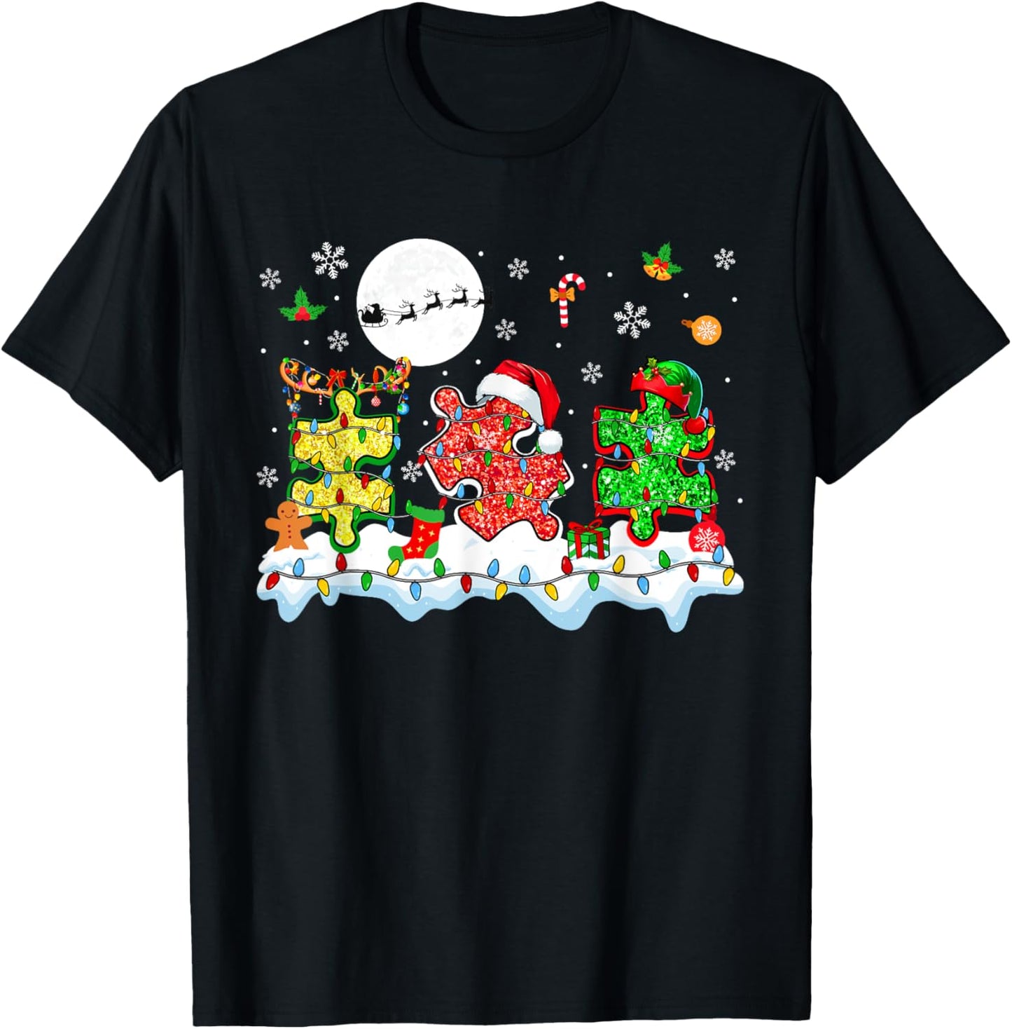 Xmas Three Santa Reindeer Elf Autism Awareness Puzzle Pieces T-Shirt - T-Shirt | Black
