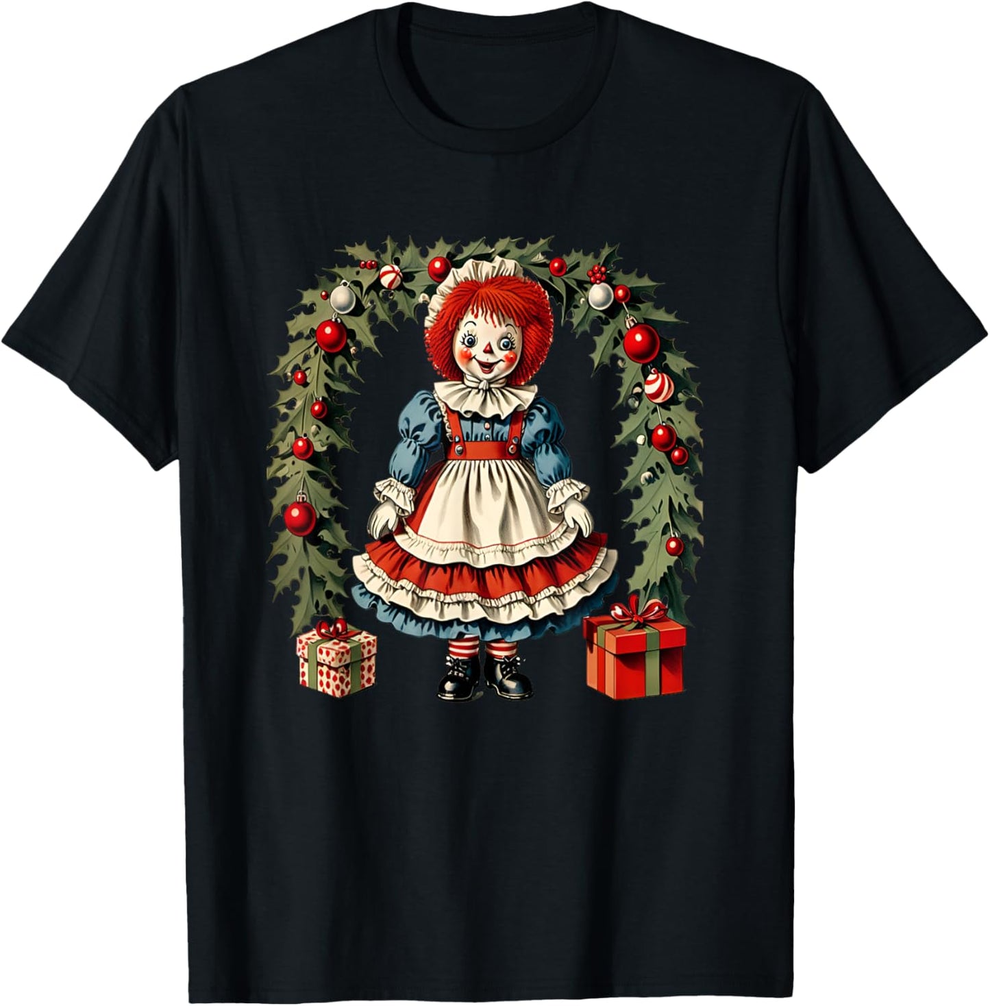 X-mas Children's Cloth Rag Doll Story Raggedy Ann Christmas Wreath and Presents T-Shirt - T-Shirt | Black