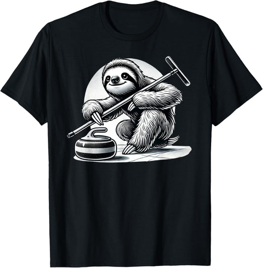 Funny Sloth Lazy Curling Curler Winter Sports Man Woman T-Shirt - T-Shirt | Black