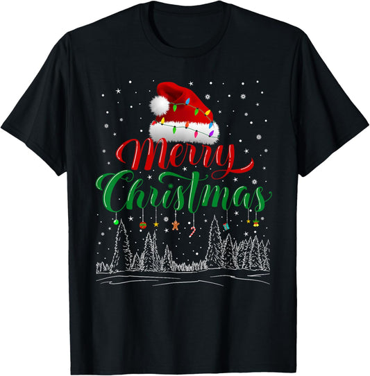 Merry Christmas Lights Red Santa Hat Xmas Family Men Women T-Shirt - T-Shirt | Black