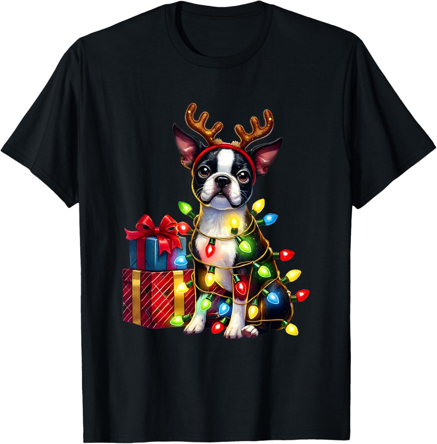 Pet Animal Boston Terrier Dog Reindeer Antlers Christmas Women Kids T-Shirt - T-Shirt | Black