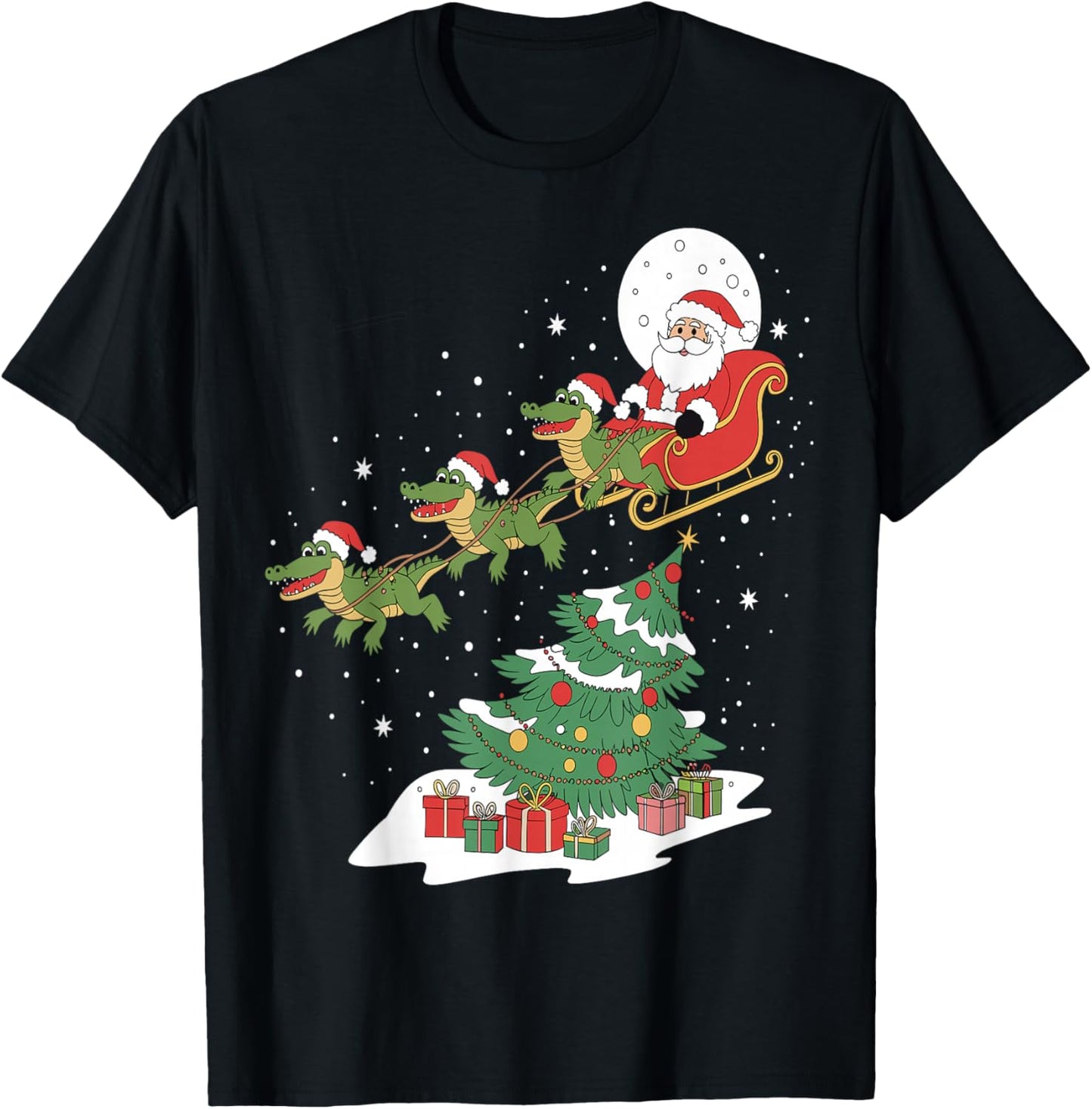 Santa Riding Alligator Christmas Lighting Tree Kids Boys Men T-Shirt - T-Shirt | Black