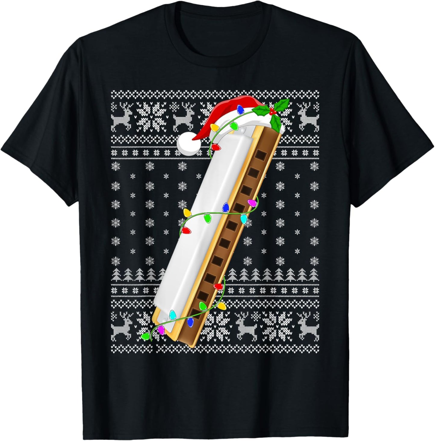 Ugly Sweater Xmas Lights Santa Musical Harmonica Christmas T-Shirt - T-Shirt | Black