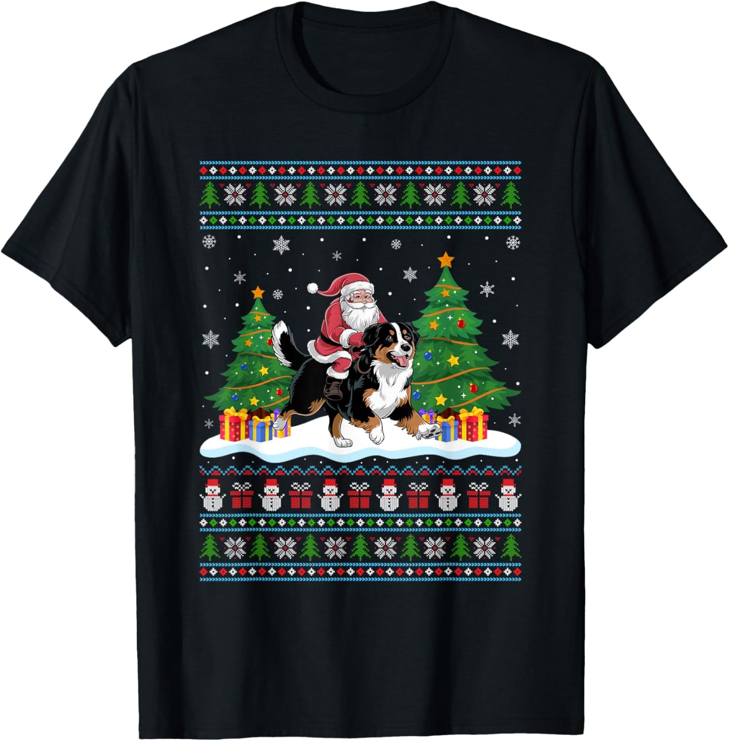 Santa Riding Bernese Mountain Dog Tree Lights Xmas Sweater T-Shirt - T-Shirt | Black