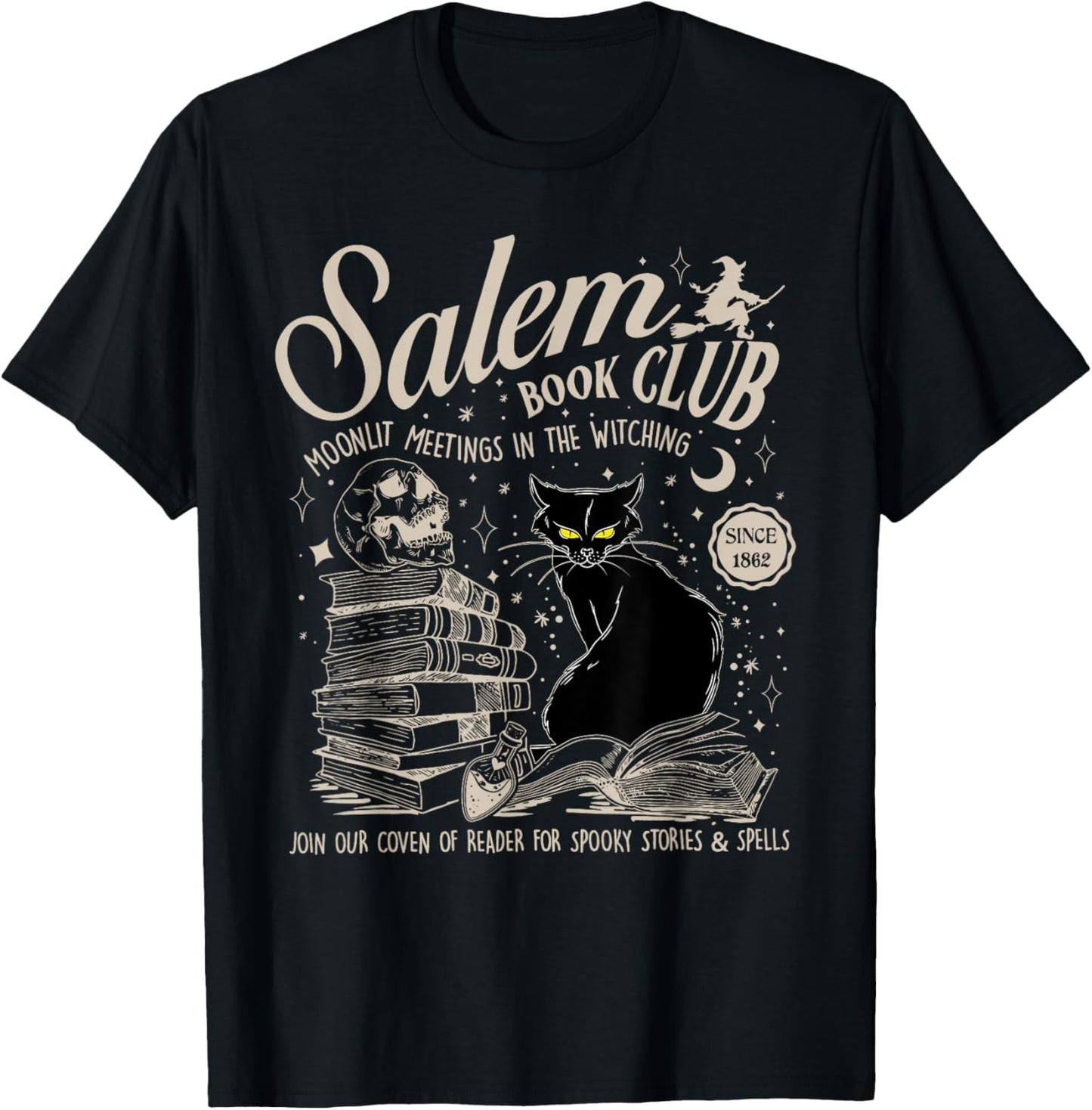 Black Cat Witch Salem Book Club Reading Halloween Book Lover Men Women Kids T-Shirt - T-Shirt | Black