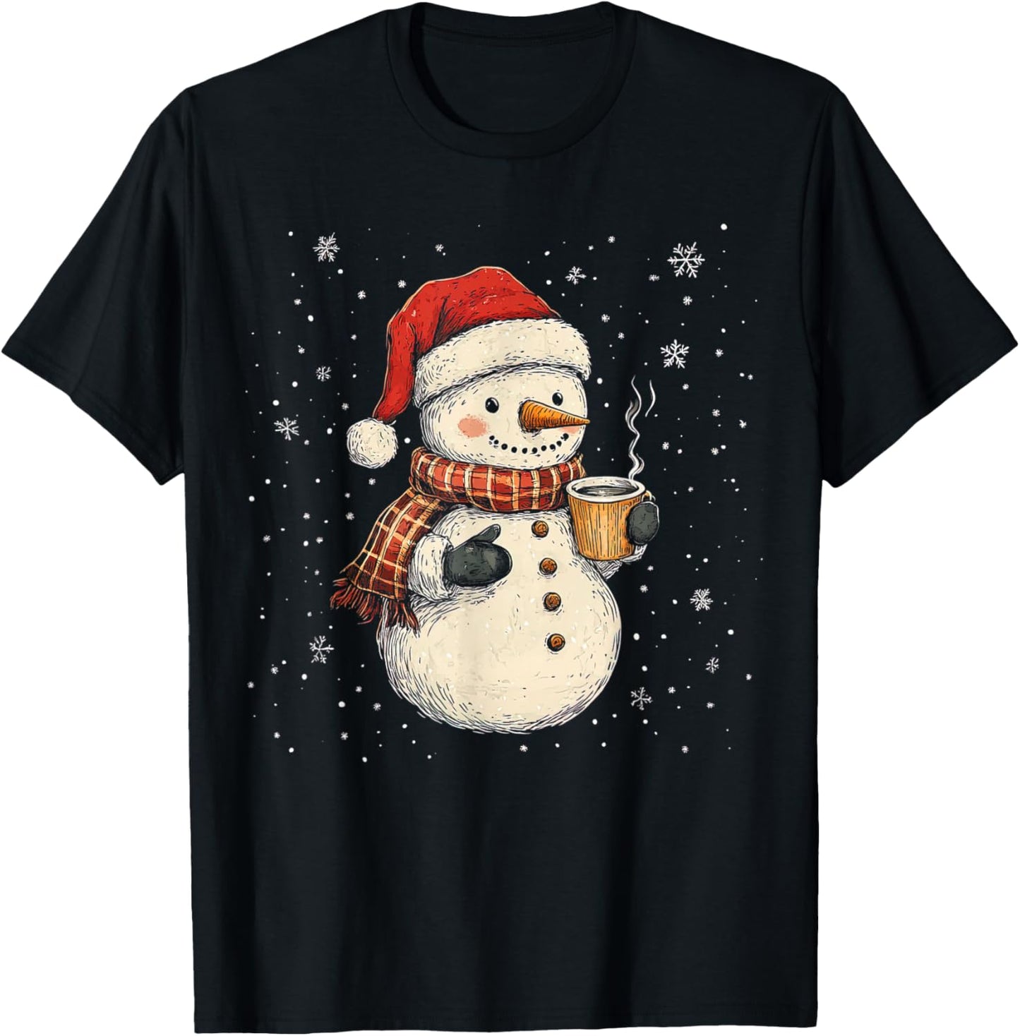 Cute Snowman Drink Coffee Winter Snowflake Snowman Christmas T-Shirt - T-Shirt | Black