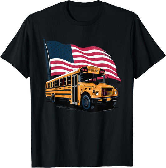 School Bus Driver USA Flag T-Shirt - T-Shirt | Black