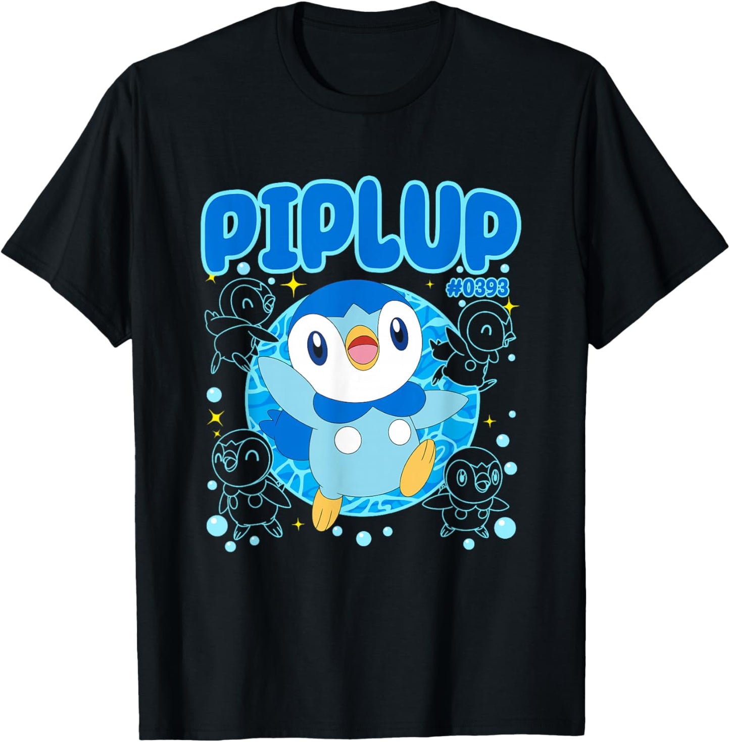Pokémon Cute Happy Piplup #0393 Collage Big Chest Poster T-Shirt - T-Shirt | Black
