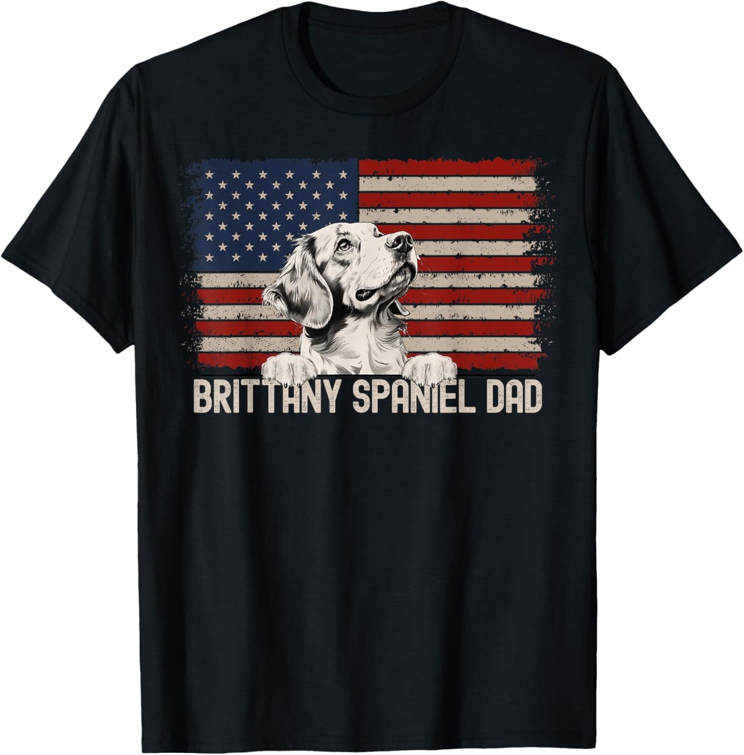 Best Dog Dad Ever American Flag - Brittany Spaniel Dad T-Shirt - T-Shirt | Black