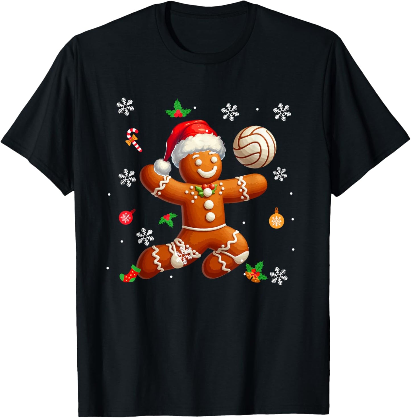Gingerbread Playing Volleyball Christmas Player Kids Family T-Shirt - T-Shirt | Black