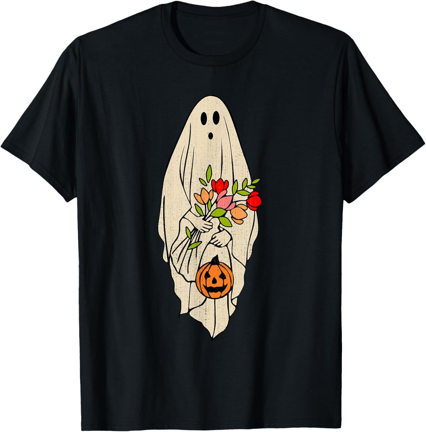 Retro Vintage Ghost Floral Pumpkin Halloween Girls T-Shirt - T-Shirt | Black