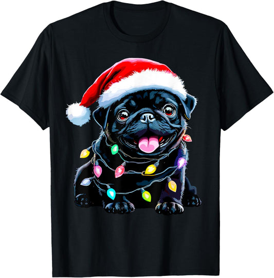 Funny Pug Santa Dog Lover Xmas Christmas Lights Men Women Kids T-Shirt - T-Shirt | Black