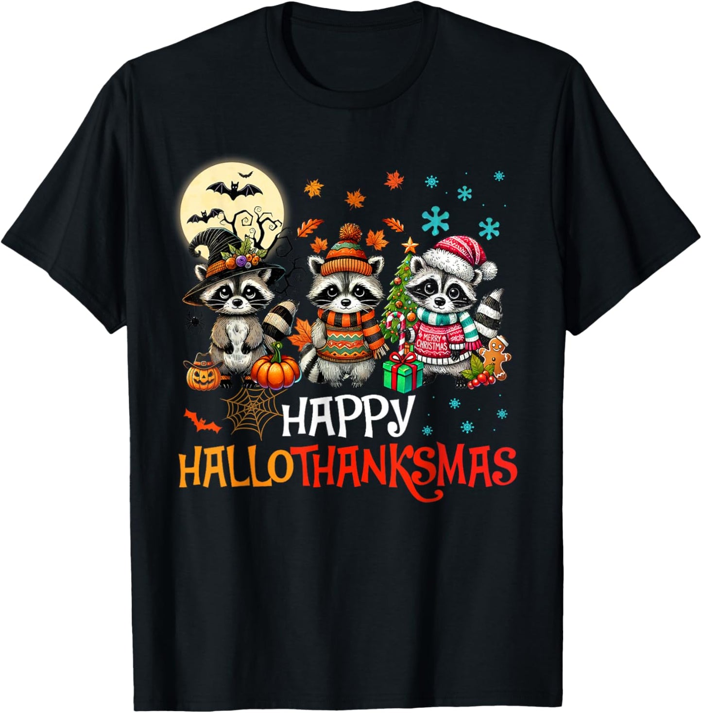 Happy Hallothanksmas Raccoon Lover Halloween Merry Christmas T-Shirt - T-Shirt | Black