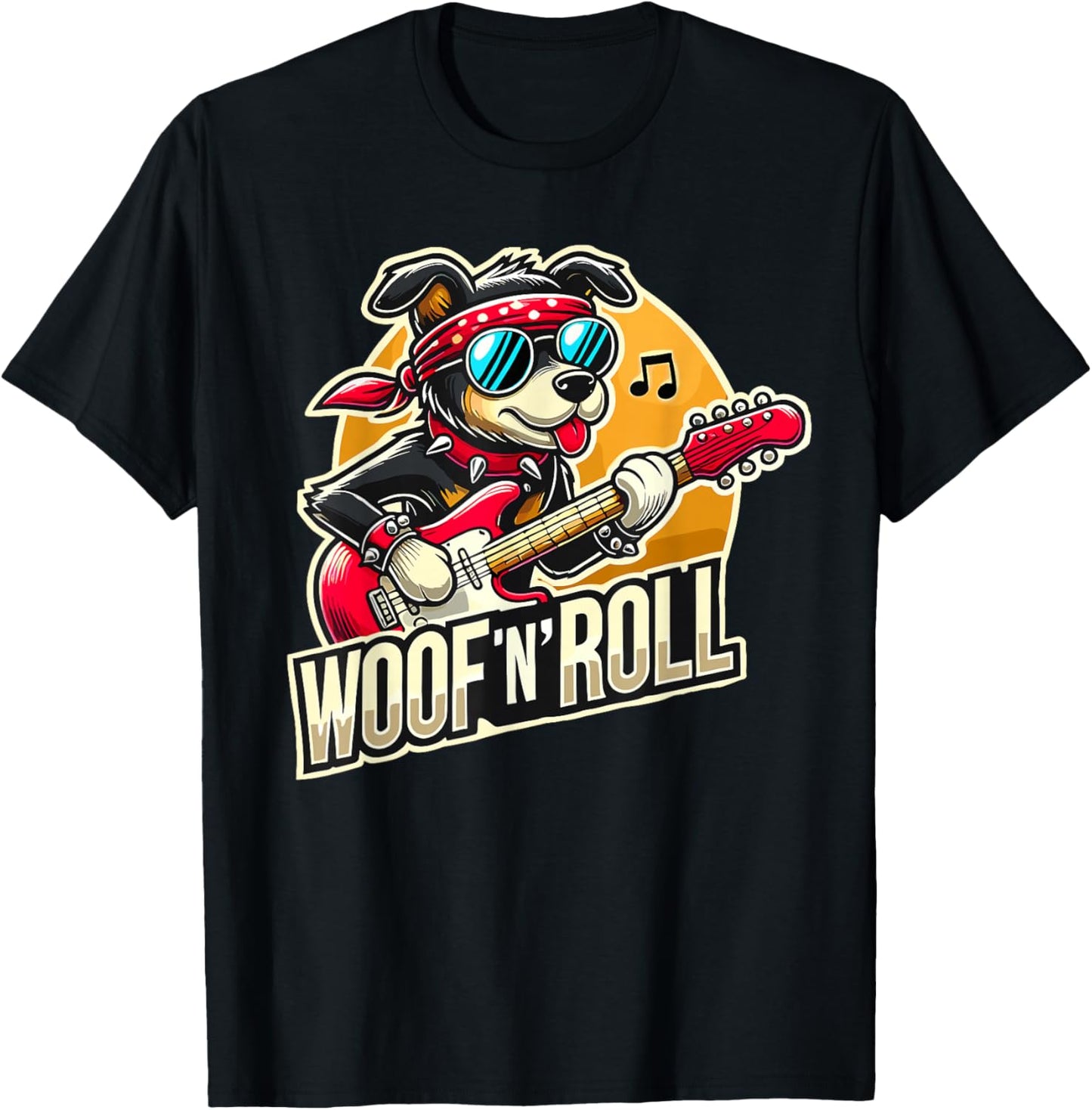 Funny Dog Woof ’n’ Roll Cool Guitar Rock Dog T-Shirt - T-Shirt | Black