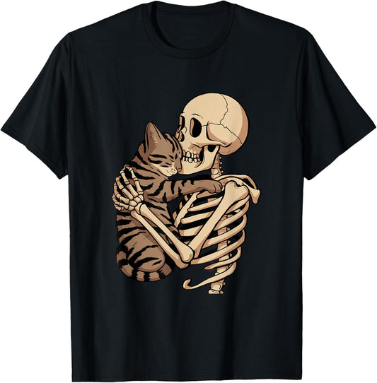 Skeleton Hugging Pet Cat Lovely Halloween Cat Fashion Women T-Shirt - T-Shirt | Black