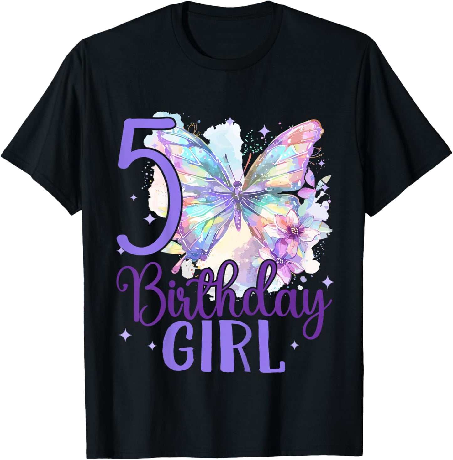 Kids 5th Birthday Butterfly 5 Years Five Finally 5 Birthday Girl T-Shirt - T-Shirt | Black