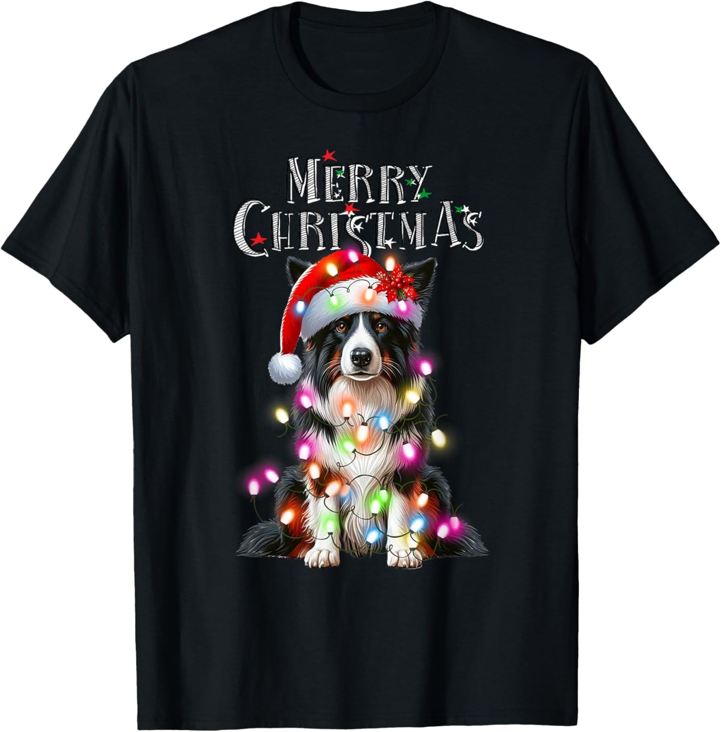 Border collie Christmas Lights Xmas dog Santa Women Kids T-Shirt - T-Shirt | Black