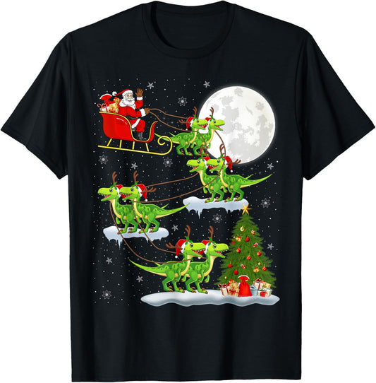Xmas Lights Santa Riding Velociraptors Dinosaur Christmas T-Shirt - T-Shirt | Black