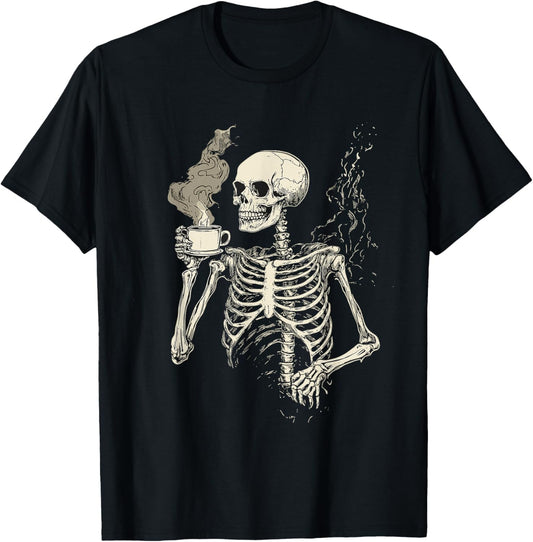 Funny Skeleton Drinking Coffee Caffeine Lover Coffee T-Shirt - T-Shirt | Black