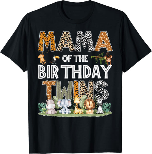 Mama Of The Birthday Twins Safari Wild One Zoo Animal T-Shirt - T-Shirt | Black