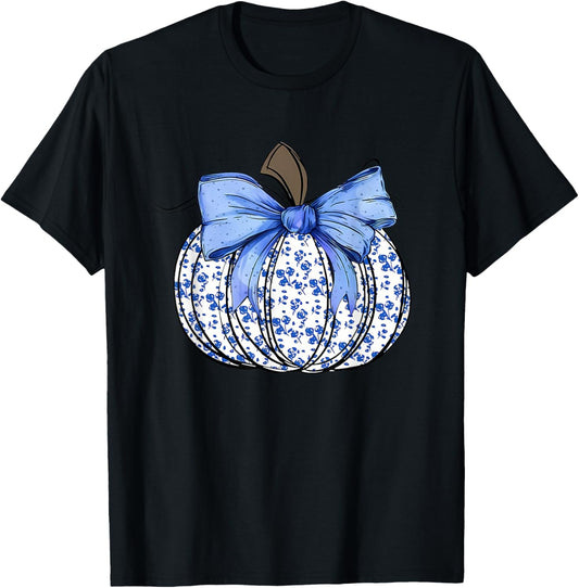 Blue Floral Pumpkin Fall Coquette Thanksgiving Halloween T-Shirt - T-Shirt | Black