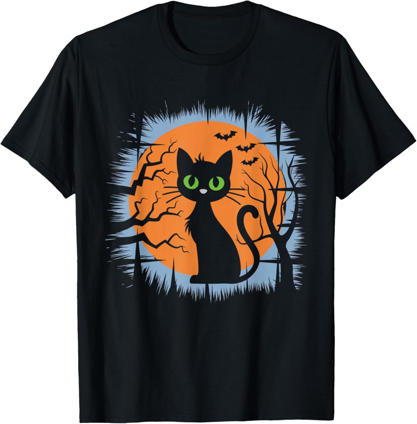Vintage Halloween Black Cat with Bats and Full Moon Design T-Shirt - T-Shirt | Black