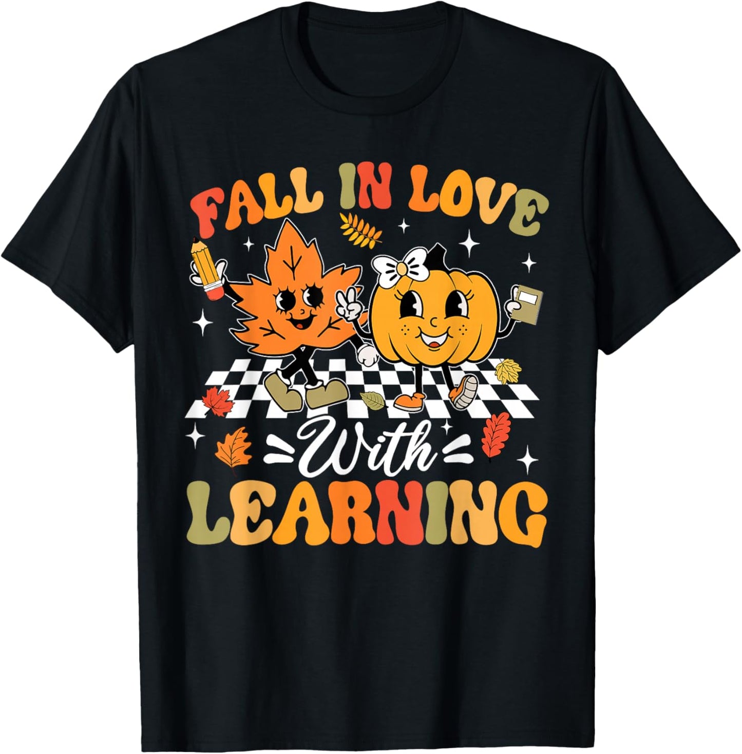 Fall In Love With Learning Fall Teacher Thanksgiving Retro T-Shirt - T-Shirt | Black