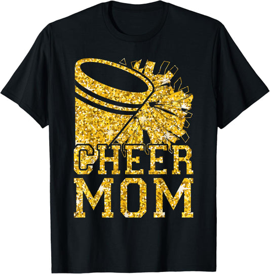 Cheer Mom Biggest Fan Cheerleader Black Yellow Pom Pom T-Shirt - T-Shirt | Black
