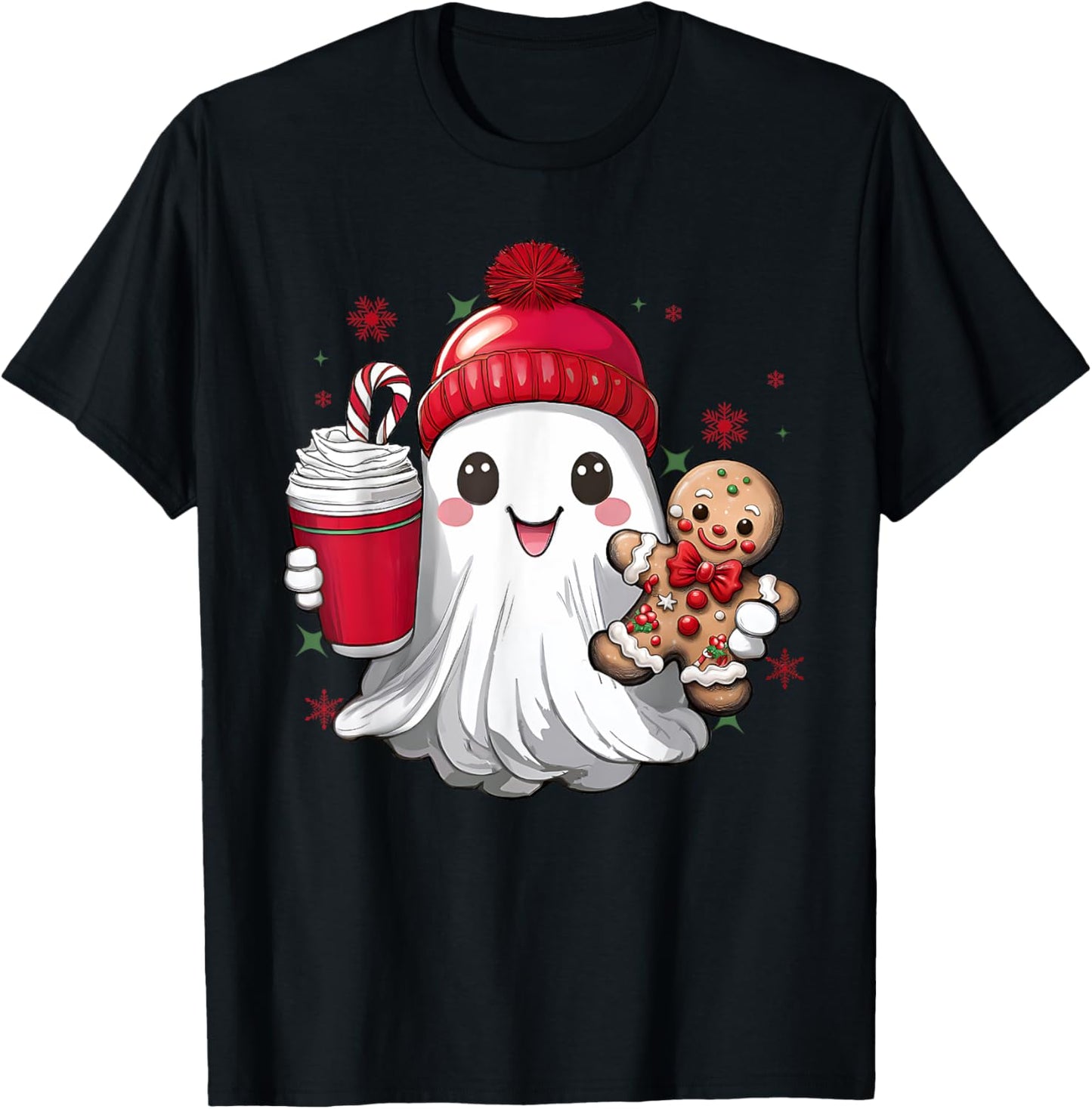 Cute Christmas Ghost Coffee Gingerbread Boojee Xmas Holiday T-Shirt - T-Shirt | Black