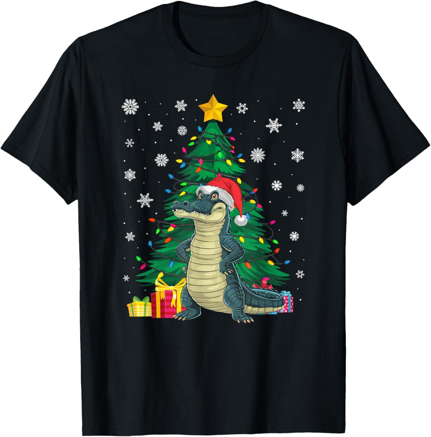 Ugly Sweater Christmas Tree Lights Alligator Santa Hat Xmas T-Shirt - T-Shirt | Black