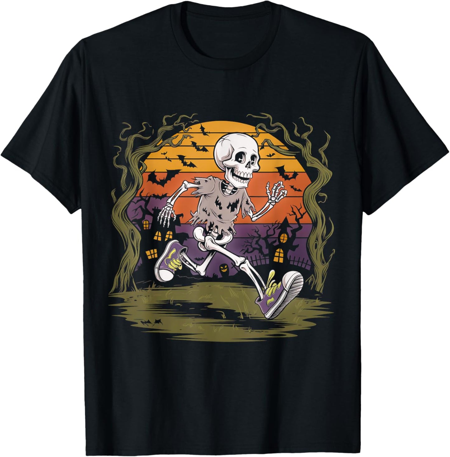 Skeleton Running Halloween Party Spooky Fun T-Shirt - T-Shirt | Black